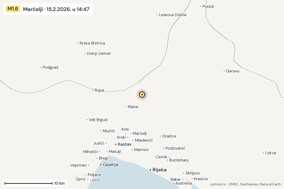 Karta: okolica epicentra, 60 km, potres M1,6, Marčelji, 15.2.2026.