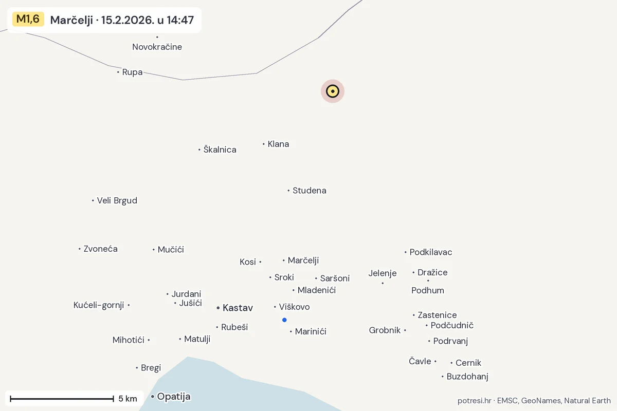 Karta: izvješća građana, potres M1,6, Marčelji, 15.2.2026.