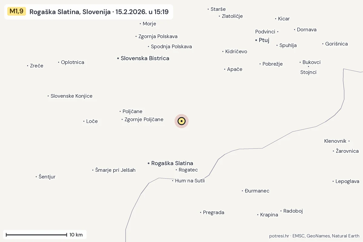 Karta: okolica epicentra, 60 km, potres M1,9, Rogaška Slatina, Slovenija, 15.2.2026.