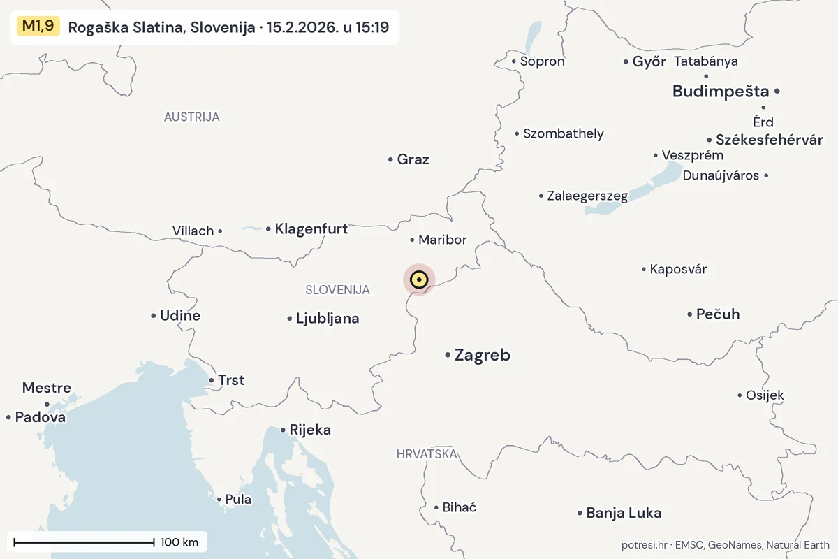 Karta: šire područje, 600 km, potres M1,9, Rogaška Slatina, Slovenija, 15.2.2026.