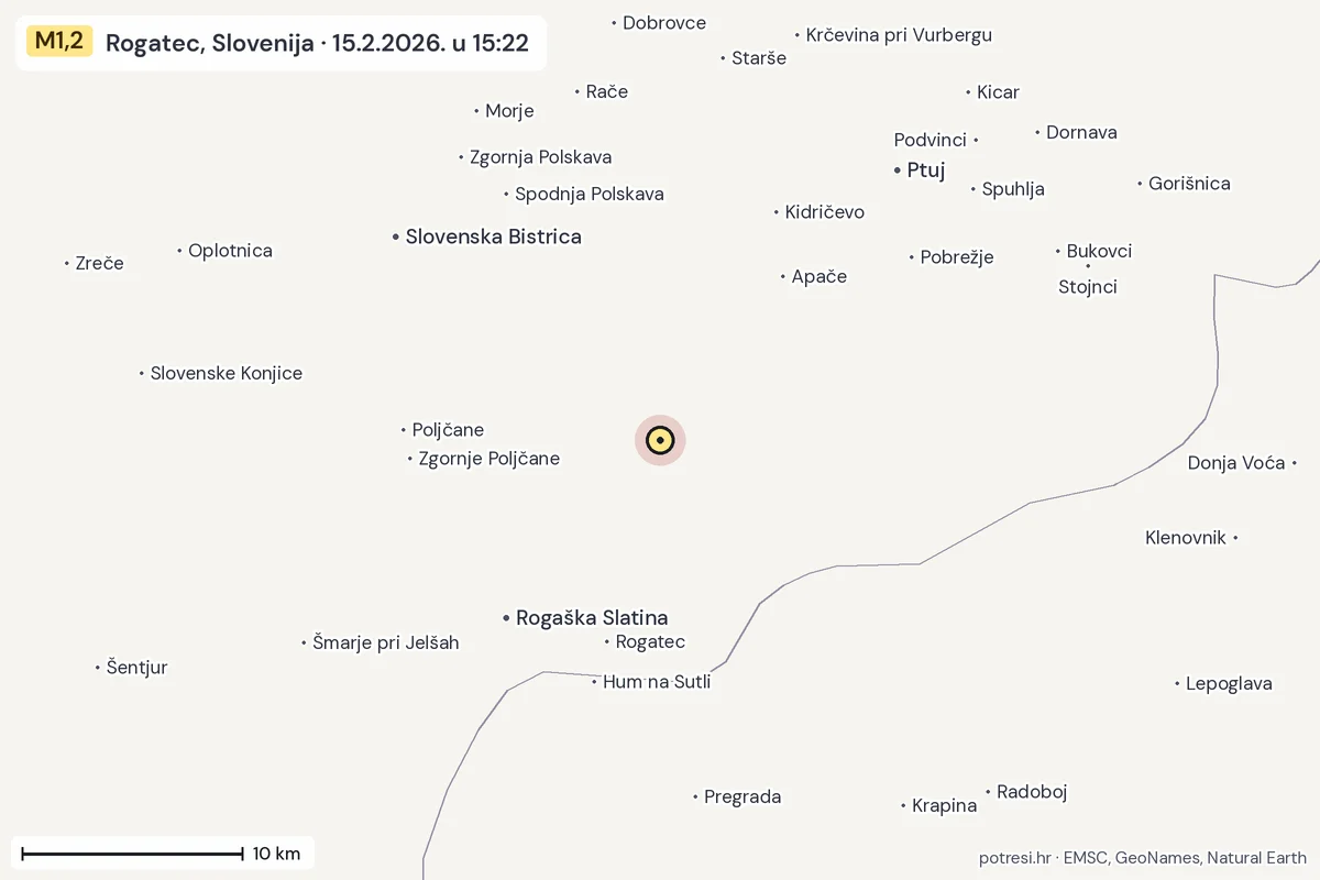 Karta: okolica epicentra, 60 km, potres M1,2, Rogatec, Slovenija, 15.2.2026.
