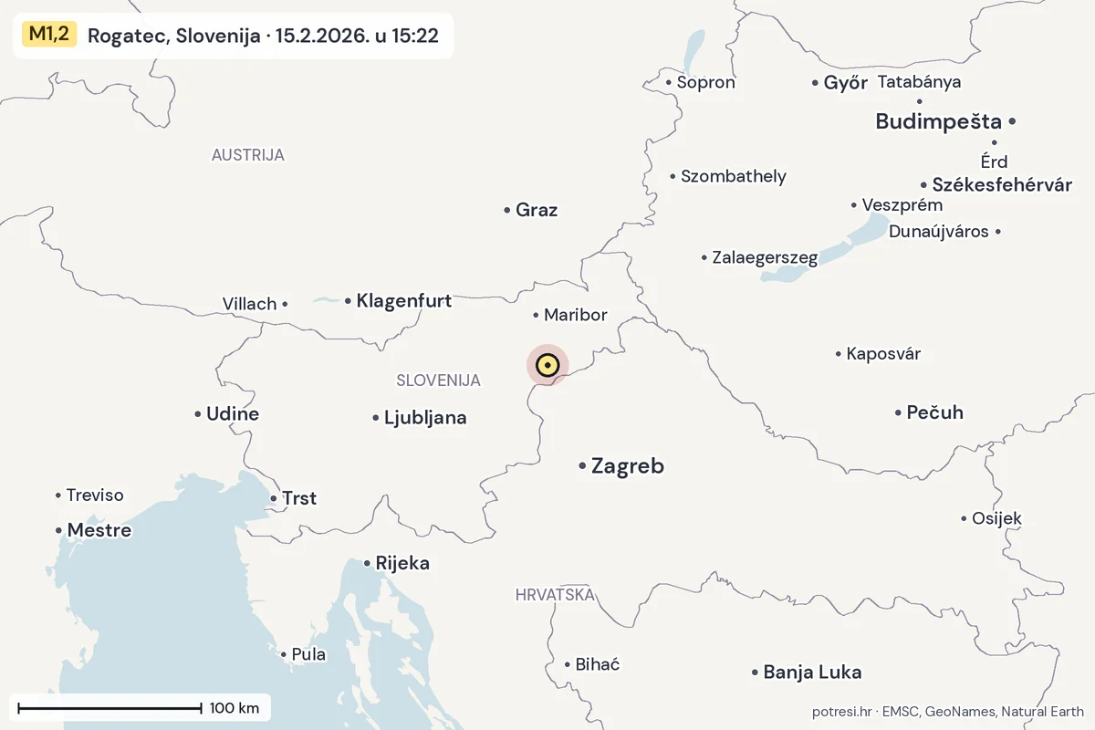 Karta: šire područje, 600 km, potres M1,2, Rogatec, Slovenija, 15.2.2026.