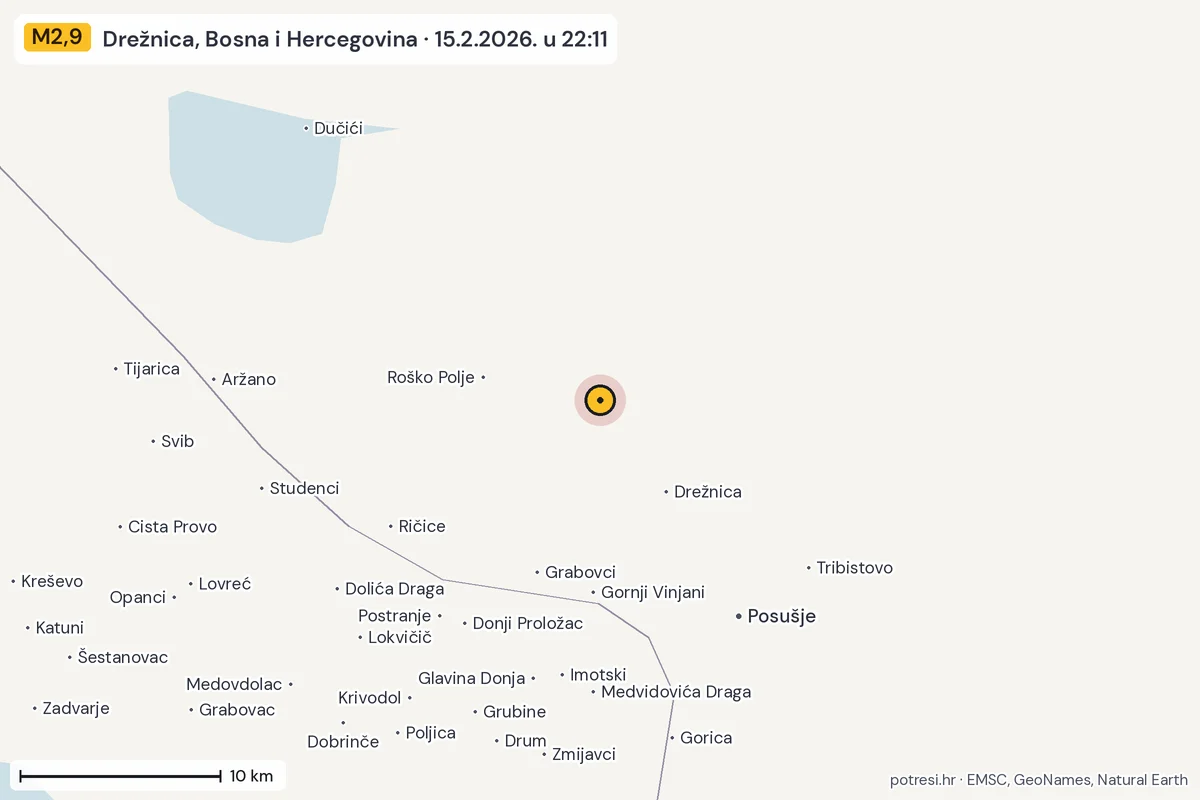Karta: okolica epicentra, 60 km, potres M2,9, Drežnica, Bosna i Hercegovina, 15.2.2026.