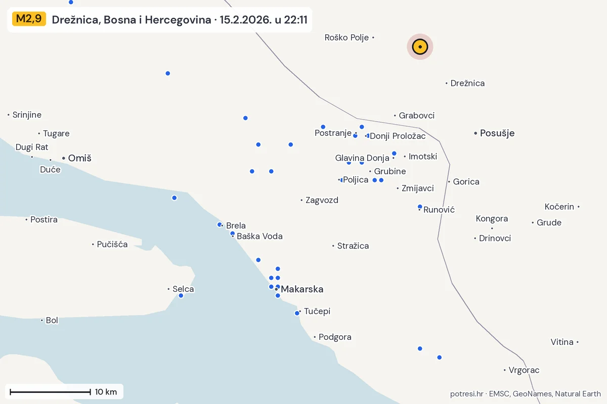 Karta: izvješća građana, potres M2,9, Drežnica, Bosna i Hercegovina, 15.2.2026.