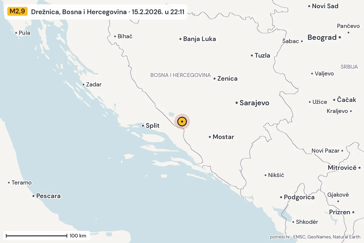 Karta: šire područje, 600 km, potres M2,9, Drežnica, Bosna i Hercegovina, 15.2.2026.