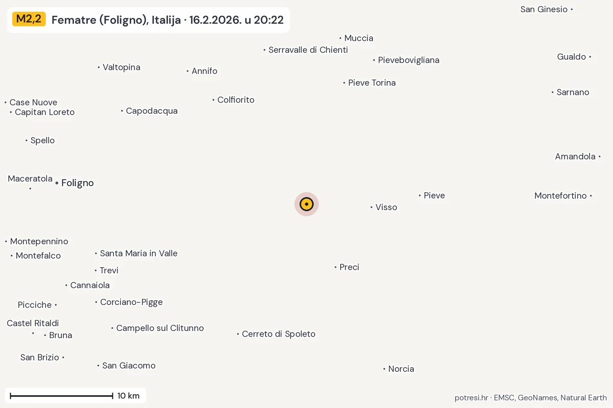 Karta: okolica epicentra, 60 km, potres M2,2, Fematre (Foligno), Italija, 16.2.2026.