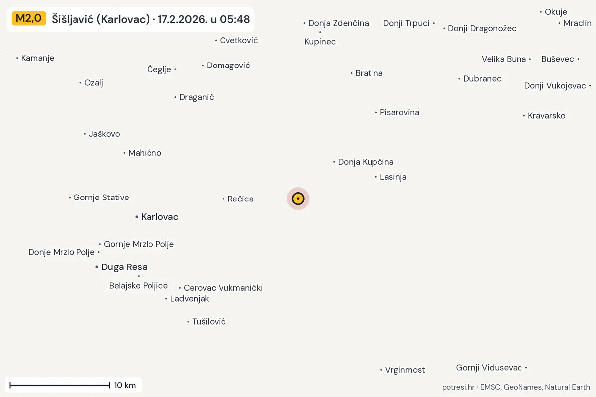 Karta: okolica epicentra, 60 km, potres M2,0, Šišljavić (Karlovac), 17.2.2026.