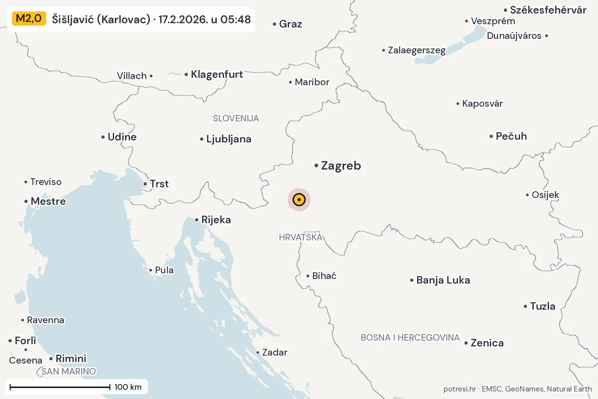 Karta: šire područje, 600 km, potres M2,0, Šišljavić (Karlovac), 17.2.2026.