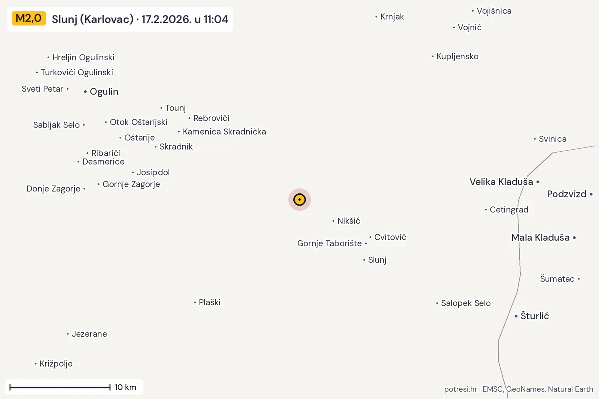 Karta: okolica epicentra, 60 km, potres M2,0, Slunj (Karlovac), 17.2.2026.