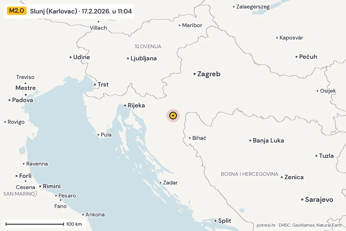 Karta: šire područje, 600 km, potres M2,0, Slunj (Karlovac), 17.2.2026.
