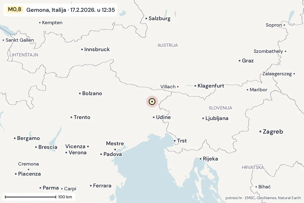 Karta: šire područje, 600 km, potres M0,8, Gemona, Italija, 17.2.2026.