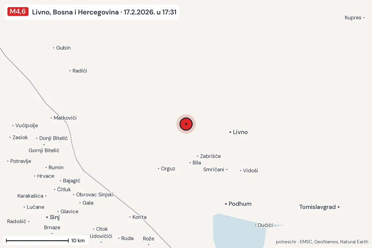 Karta: okolica epicentra, 60 km, potres M4,6, Livno, Bosna i Hercegovina, 17.2.2026.