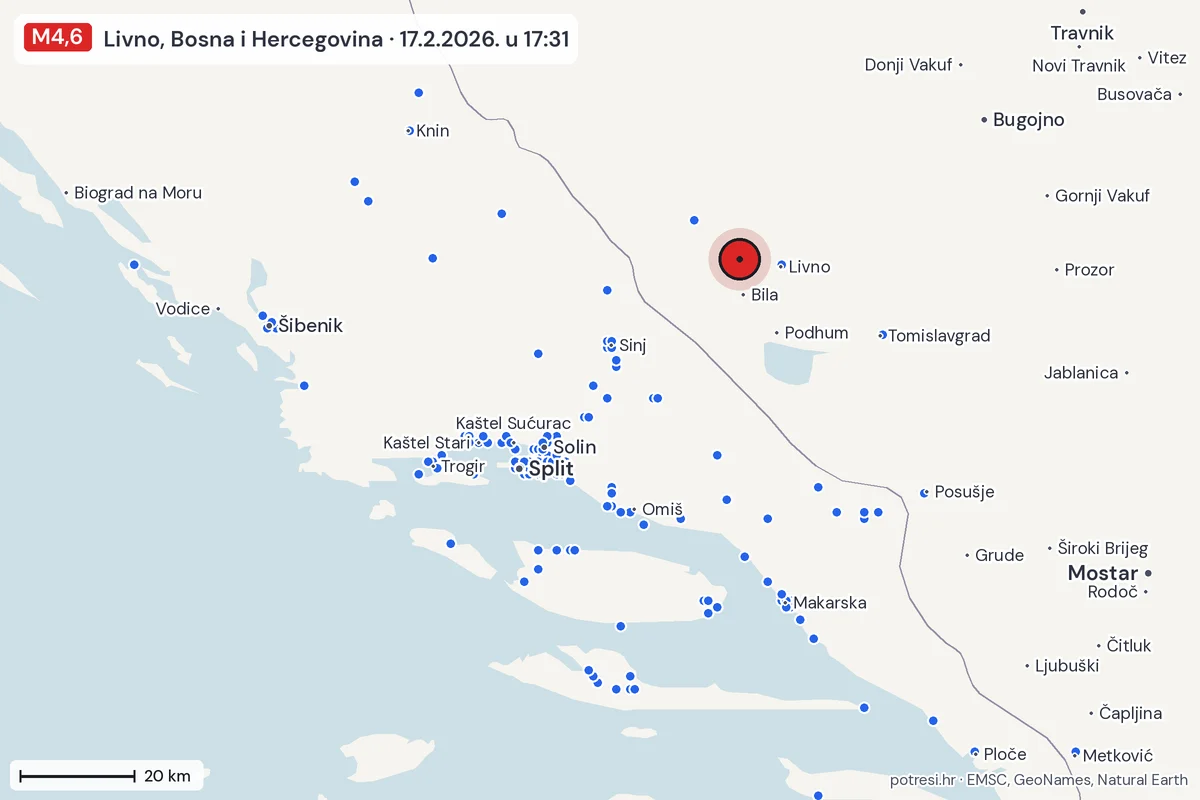 Karta: izvješća građana, potres M4,6, Livno, Bosna i Hercegovina, 17.2.2026.