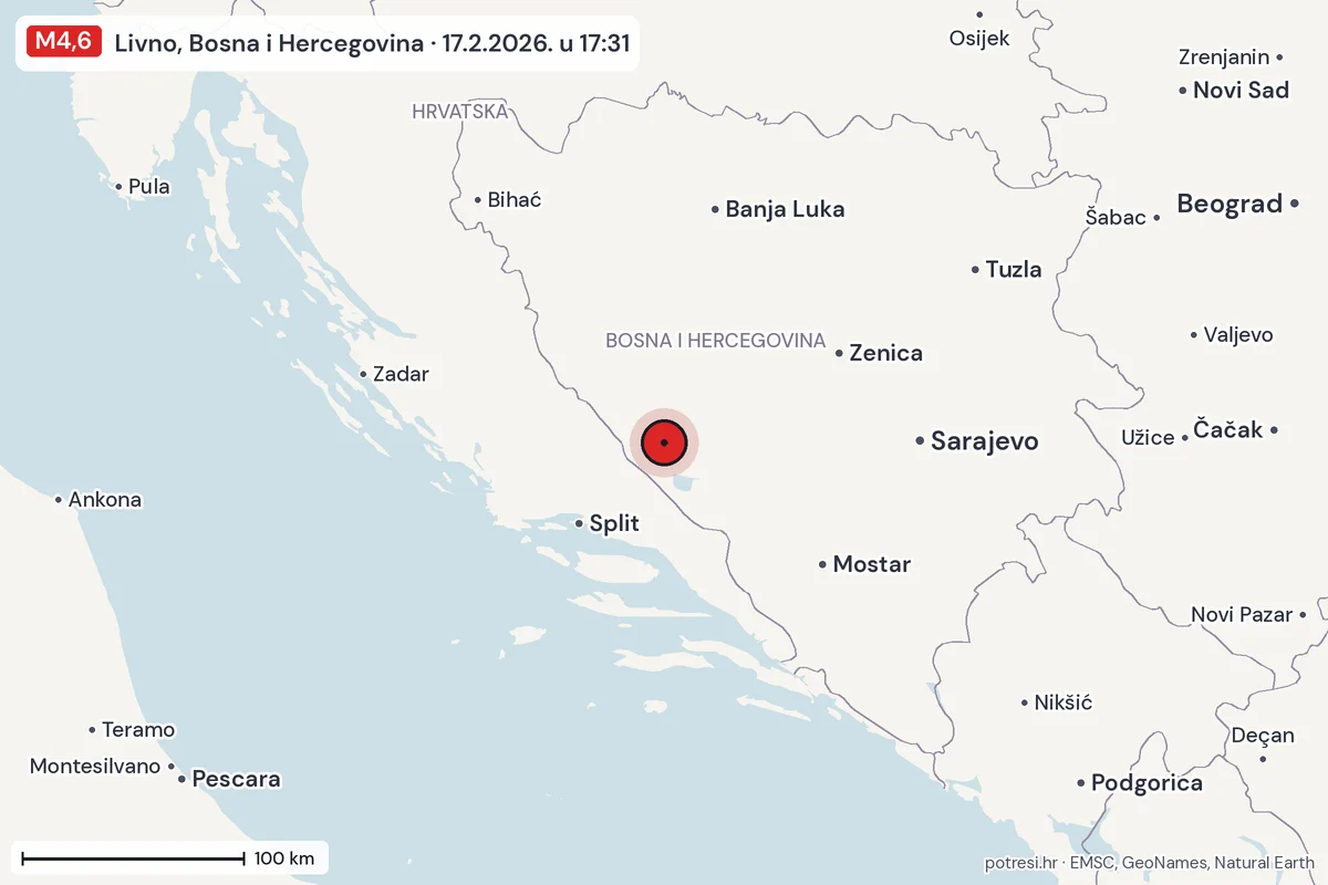Karta: šire područje, 600 km, potres M4,6, Livno, Bosna i Hercegovina, 17.2.2026.