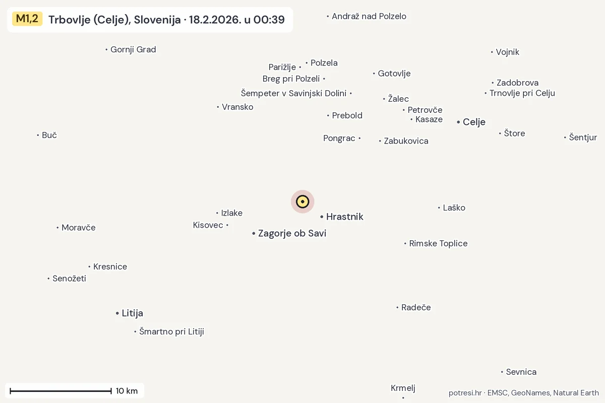 Karta: okolica epicentra, 60 km, potres M1,2, Trbovlje (Celje), Slovenija, 18.2.2026.