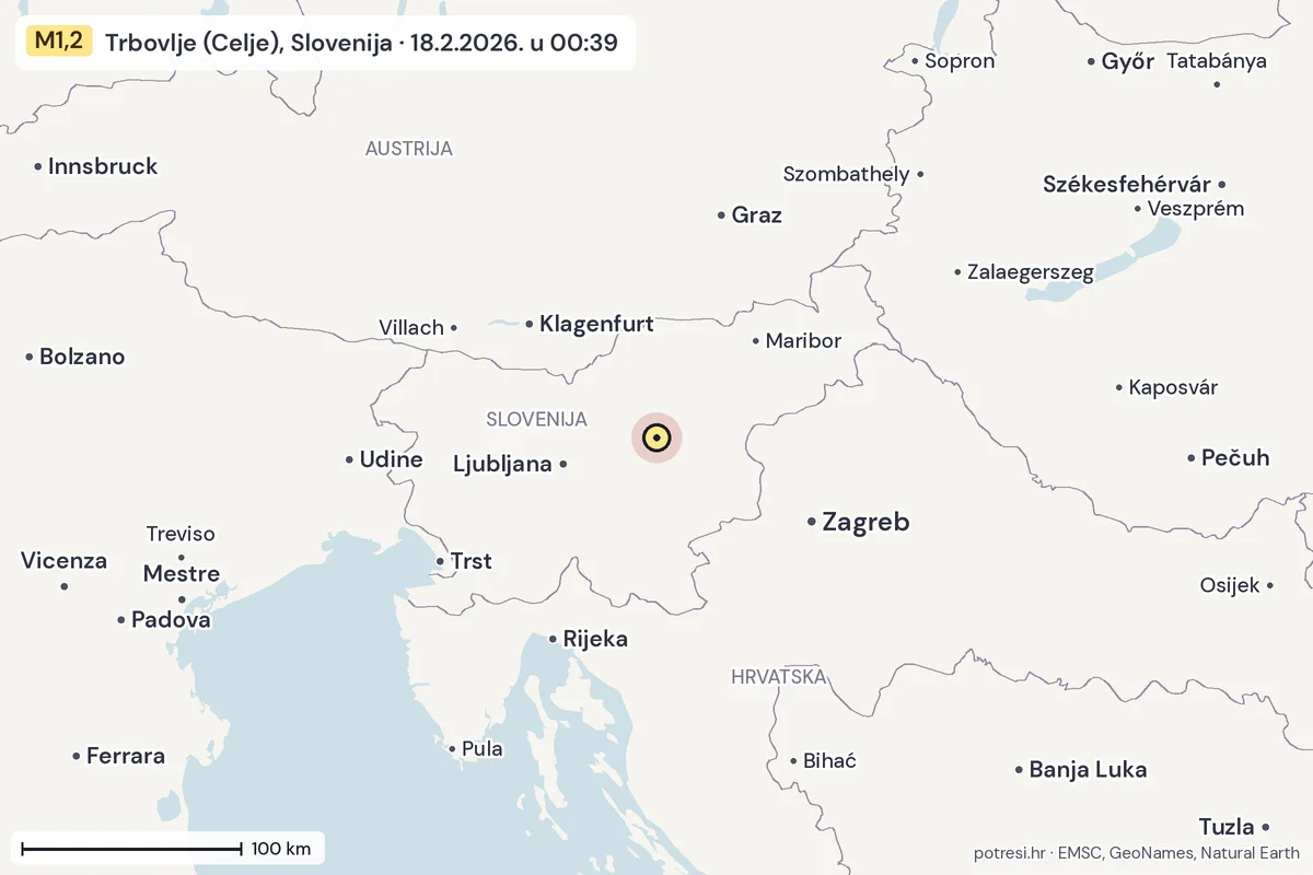Karta: šire područje, 600 km, potres M1,2, Trbovlje (Celje), Slovenija, 18.2.2026.