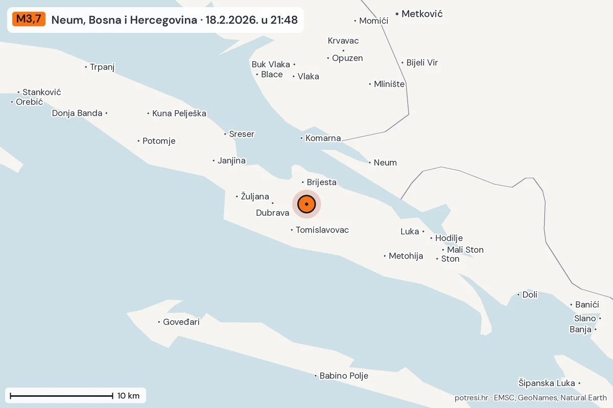 Karta: okolica epicentra, 60 km, potres M3,7, Neum, Bosna i Hercegovina, 18.2.2026.