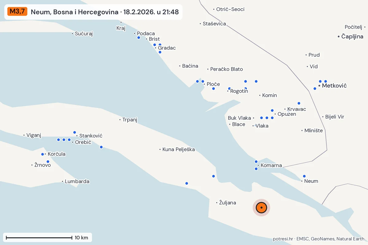 Karta: izvješća građana, potres M3,7, Neum, Bosna i Hercegovina, 18.2.2026.