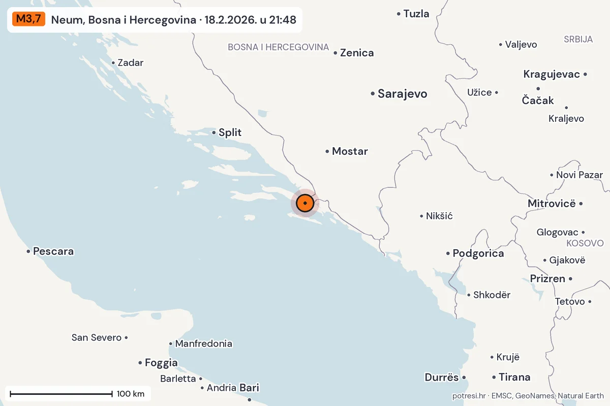 Karta: šire područje, 600 km, potres M3,7, Neum, Bosna i Hercegovina, 18.2.2026.
