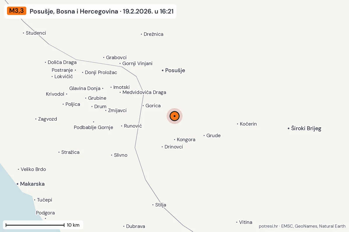 Karta: okolica epicentra, 60 km, potres M3,3, Posušje, Bosna i Hercegovina, 19.2.2026.