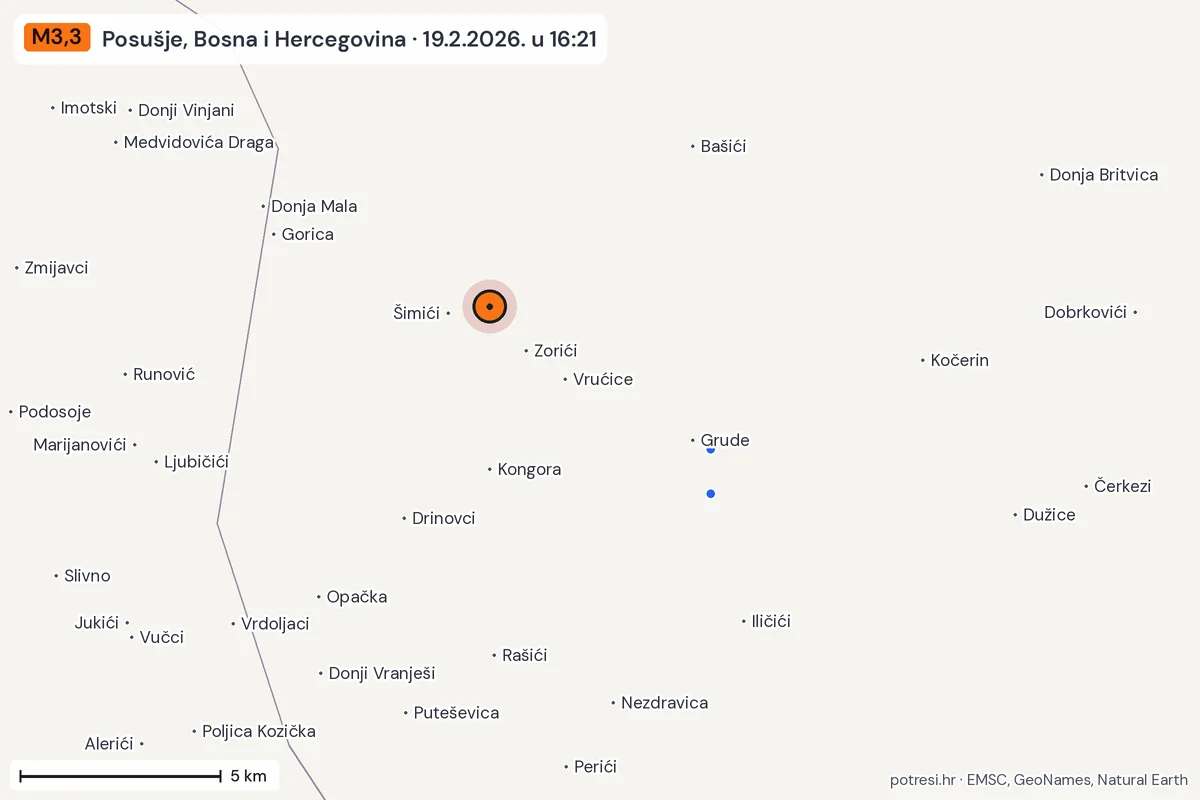 Karta: izvješća građana, potres M3,3, Posušje, Bosna i Hercegovina, 19.2.2026.