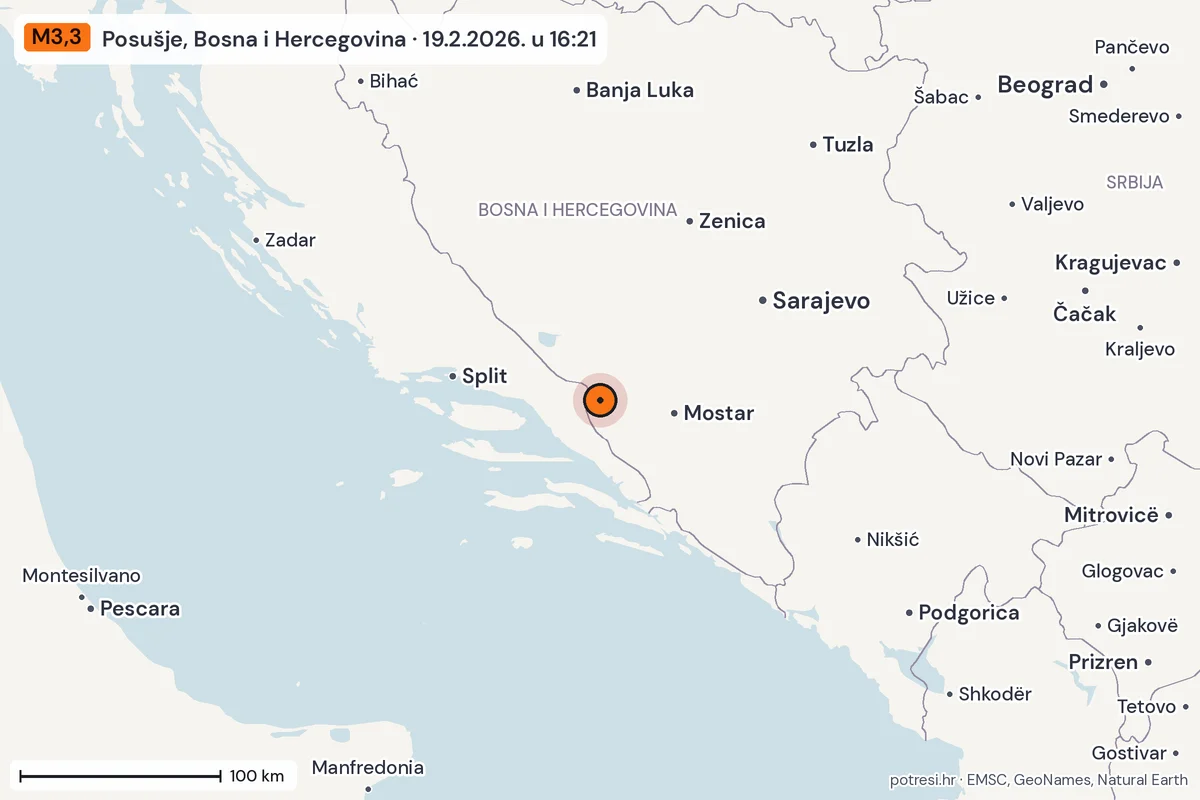 Karta: šire područje, 600 km, potres M3,3, Posušje, Bosna i Hercegovina, 19.2.2026.