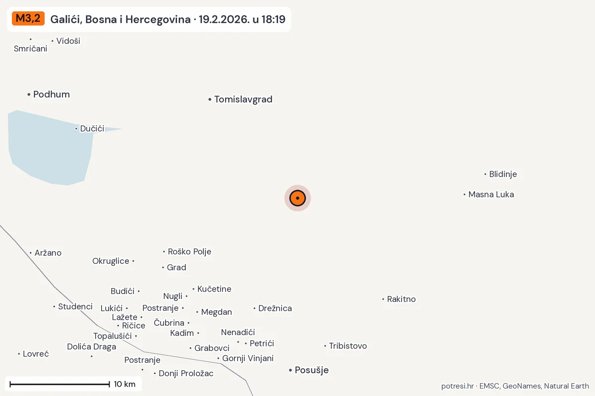 Karta: okolica epicentra, 60 km, potres M3,2, Galići, Bosna i Hercegovina, 19.2.2026.