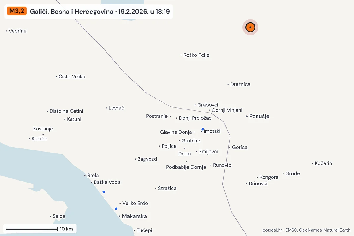 Karta: izvješća građana, potres M3,2, Galići, Bosna i Hercegovina, 19.2.2026.