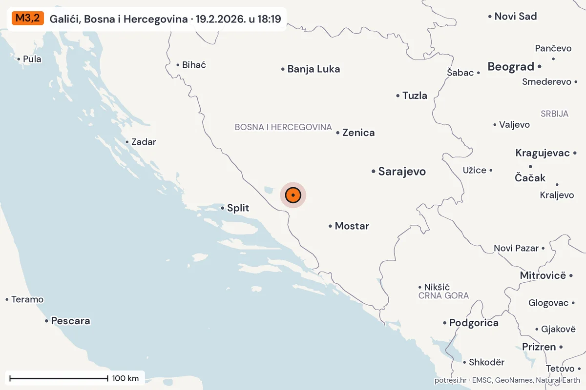 Karta: šire područje, 600 km, potres M3,2, Galići, Bosna i Hercegovina, 19.2.2026.