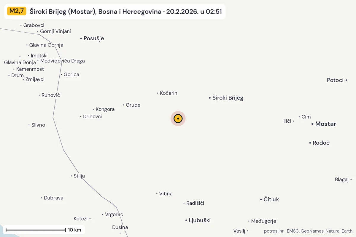 Karta: okolica epicentra, 60 km, potres M2,7, Široki Brijeg (Mostar), Bosna i Hercegovina, 20.2.2026.