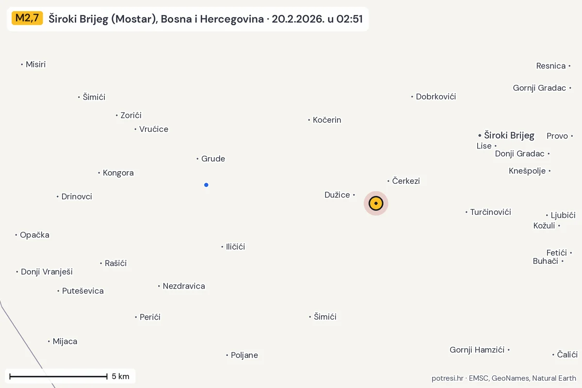 Karta: izvješća građana, potres M2,7, Široki Brijeg (Mostar), Bosna i Hercegovina, 20.2.2026.