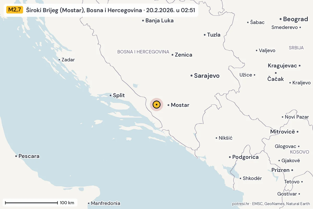 Karta: šire područje, 600 km, potres M2,7, Široki Brijeg (Mostar), Bosna i Hercegovina, 20.2.2026.