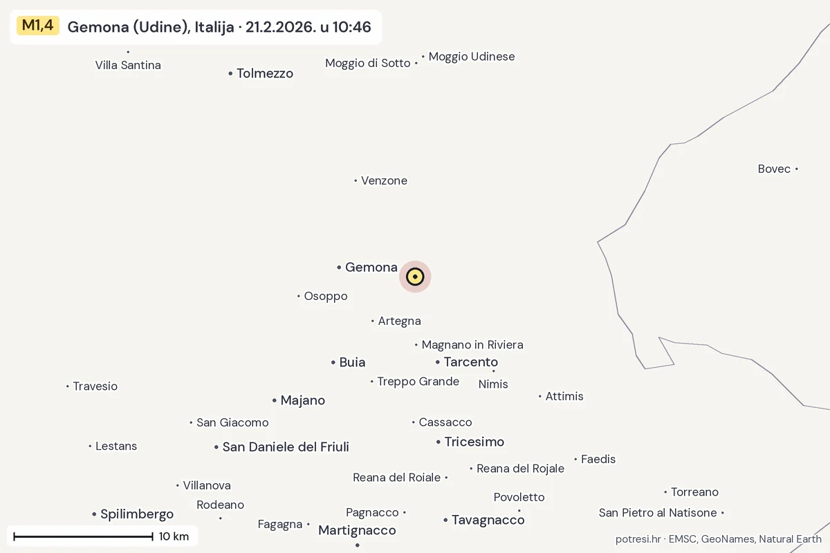 Karta: okolica epicentra, 60 km, potres M1,4, Gemona (Udine), Italija, 21.2.2026.