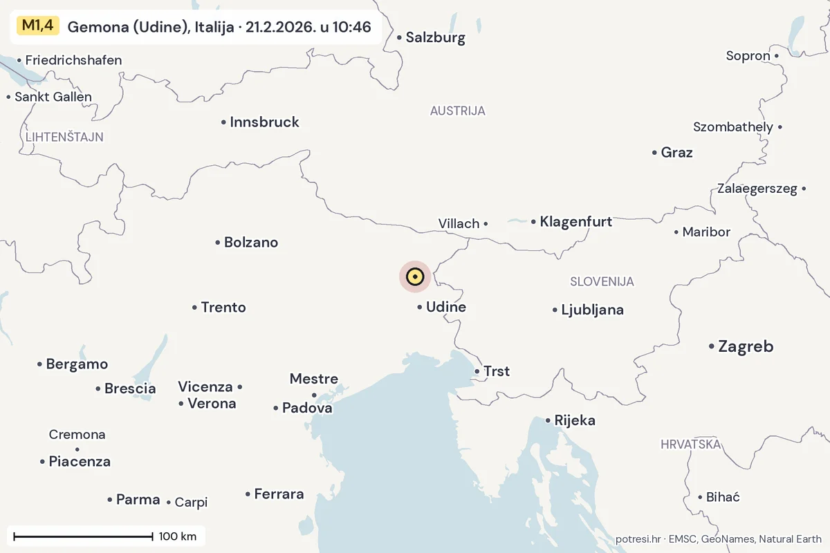 Karta: šire područje, 600 km, potres M1,4, Gemona (Udine), Italija, 21.2.2026.