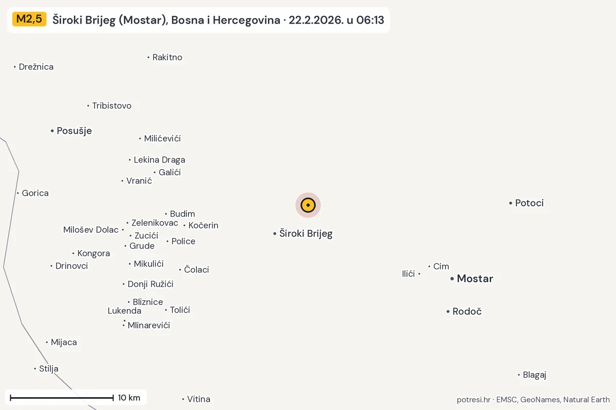 Karta: okolica epicentra, 60 km, potres M2,5, Široki Brijeg (Mostar), Bosna i Hercegovina, 22.2.2026.