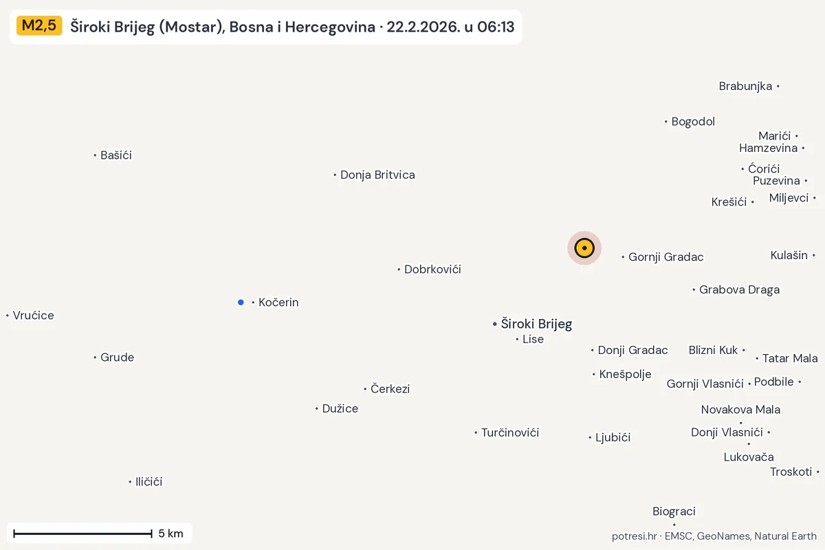 Karta: izvješća građana, potres M2,5, Široki Brijeg (Mostar), Bosna i Hercegovina, 22.2.2026.