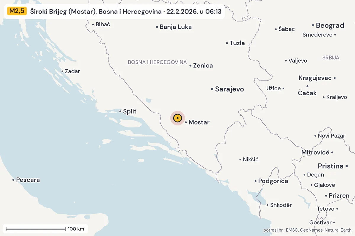 Karta: šire područje, 600 km, potres M2,5, Široki Brijeg (Mostar), Bosna i Hercegovina, 22.2.2026.