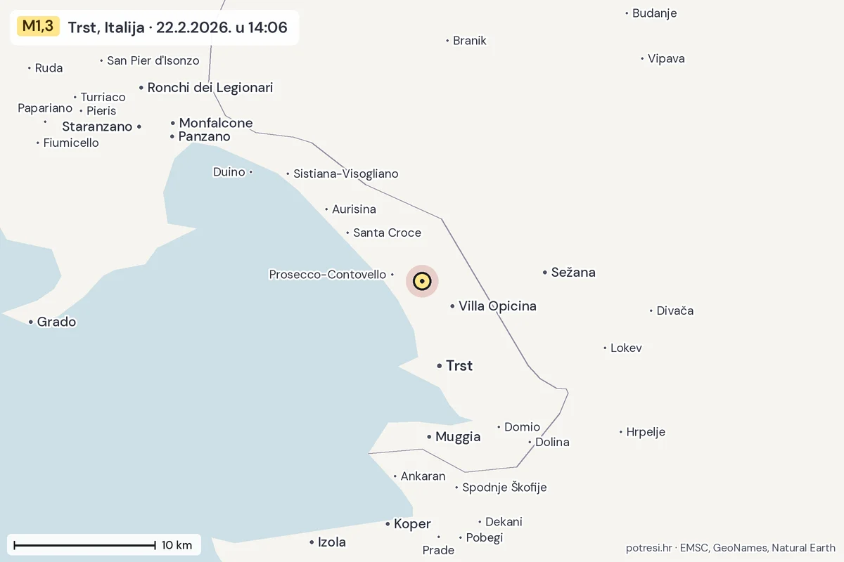 Karta: okolica epicentra, 60 km, potres M1,3, Trst, Italija, 22.2.2026.