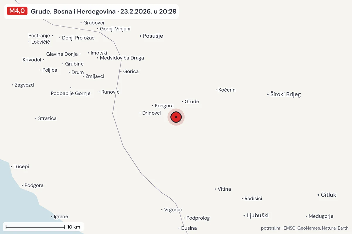 Karta: okolica epicentra, 60 km, potres M4,0, Grude, Bosna i Hercegovina, 23.2.2026.