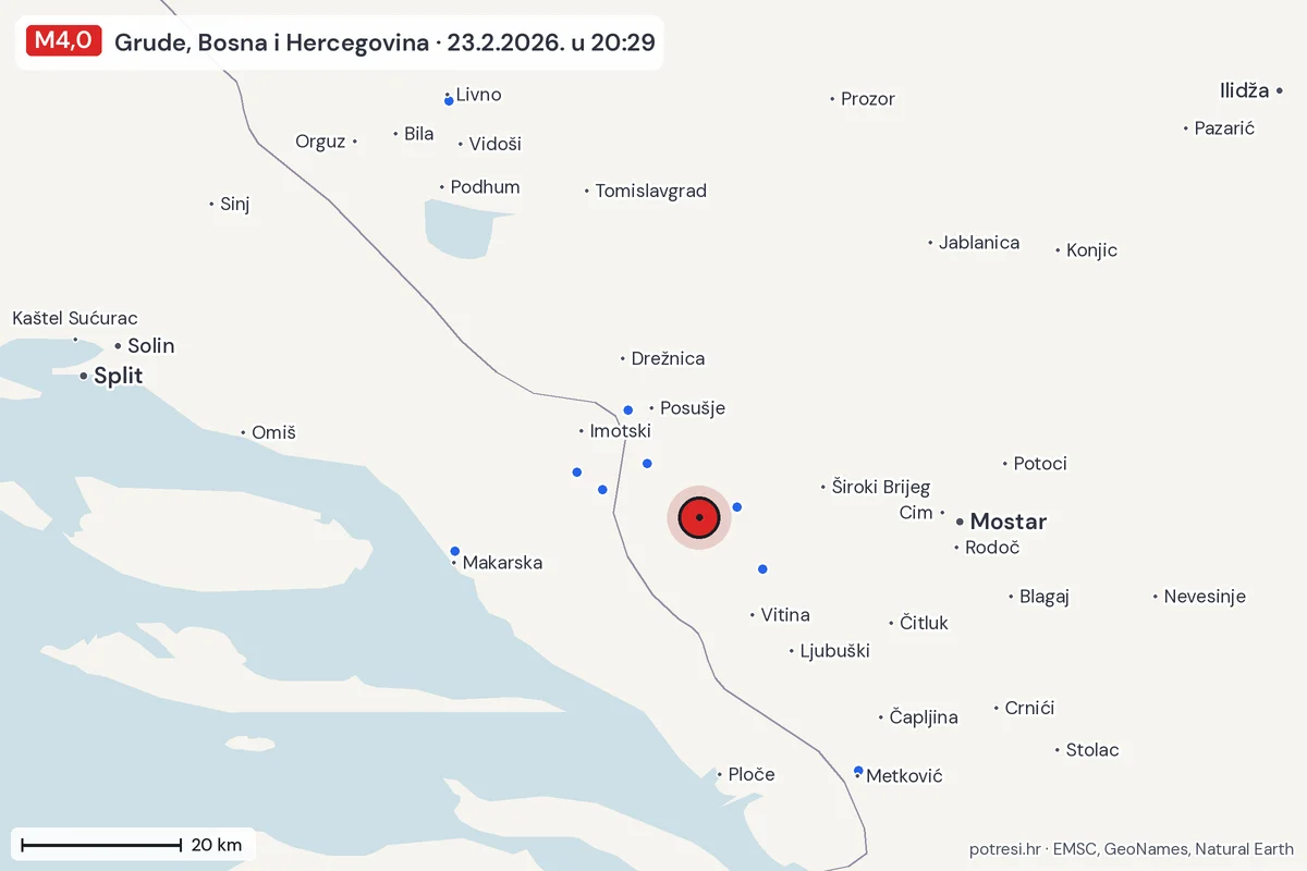 Karta: izvješća građana, potres M4,0, Grude, Bosna i Hercegovina, 23.2.2026.