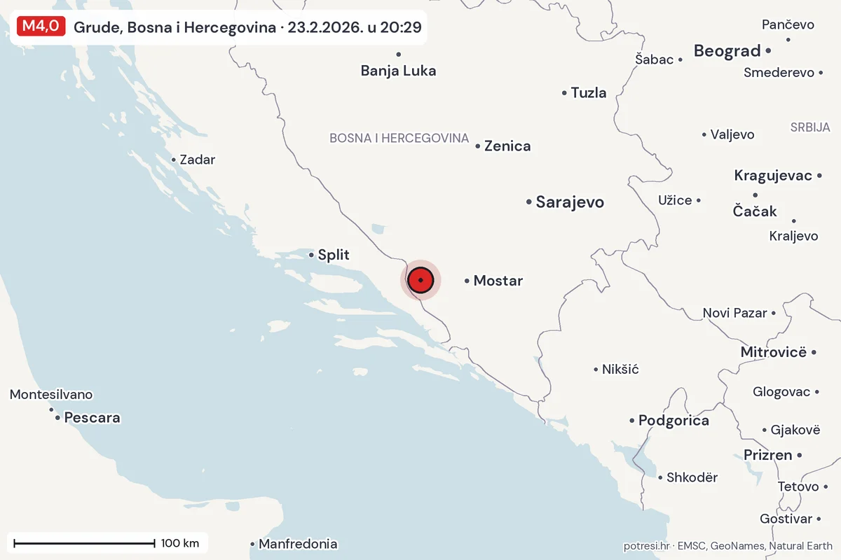 Karta: šire područje, 600 km, potres M4,0, Grude, Bosna i Hercegovina, 23.2.2026.
