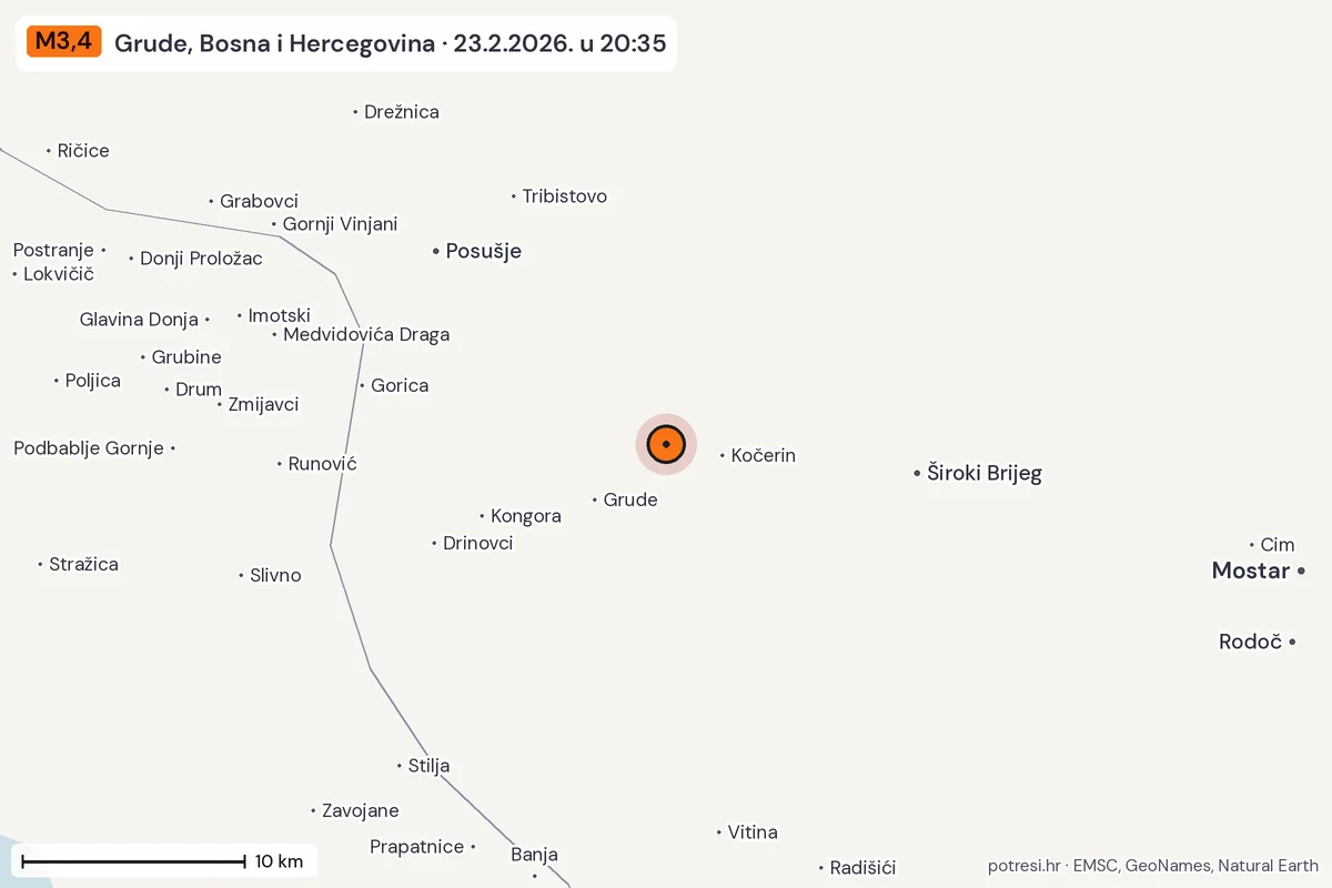 Karta: okolica epicentra, 60 km, potres M3,4, Grude, Bosna i Hercegovina, 23.2.2026.