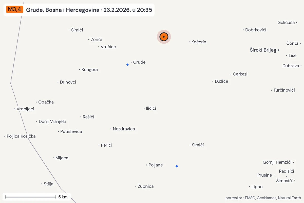 Karta: izvješća građana, potres M3,4, Grude, Bosna i Hercegovina, 23.2.2026.