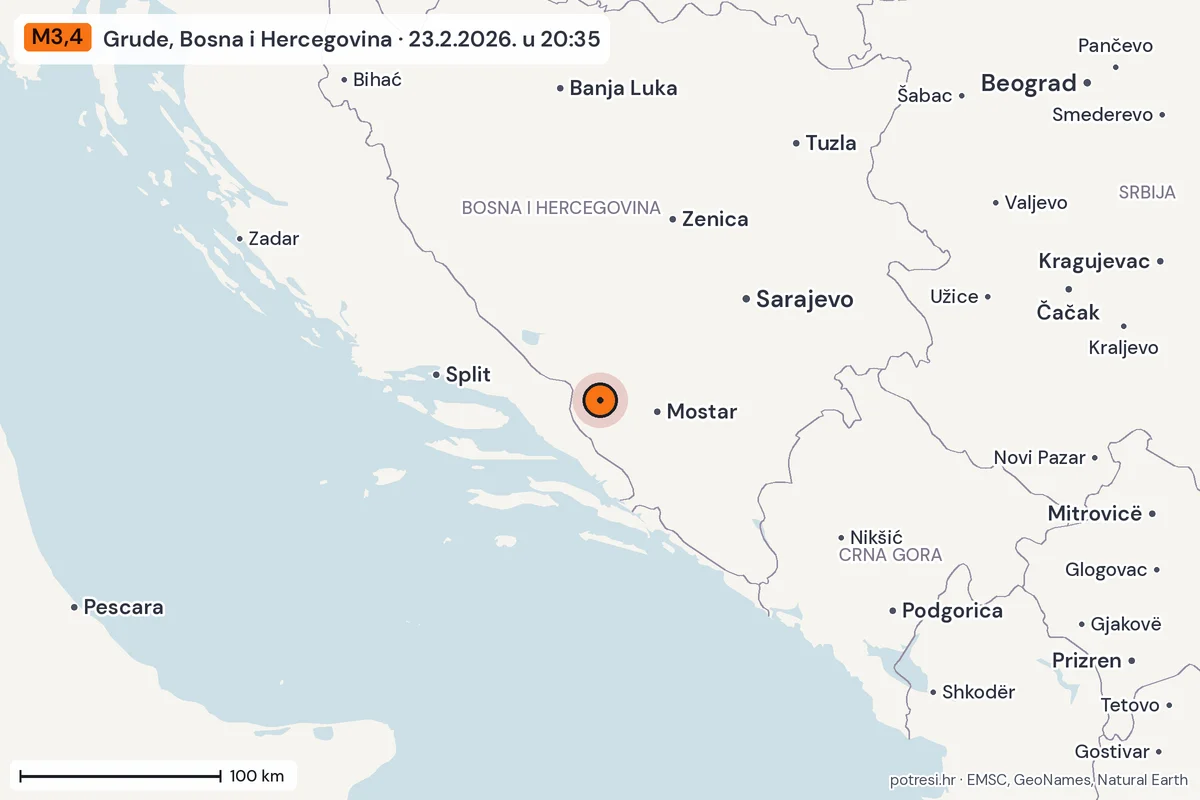 Karta: šire područje, 600 km, potres M3,4, Grude, Bosna i Hercegovina, 23.2.2026.