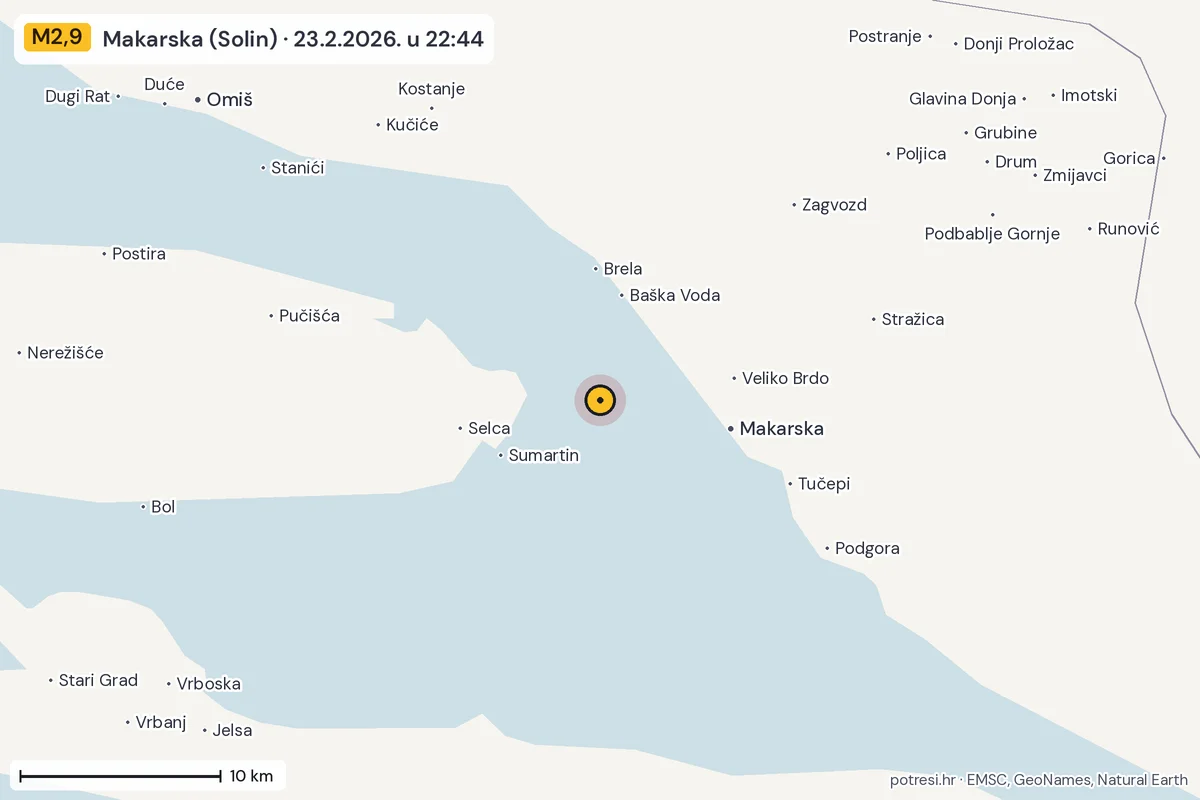 Karta: okolica epicentra, 60 km, potres M2,9, Makarska (Solin), 23.2.2026.
