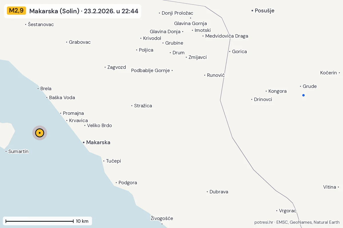 Karta: izvješća građana, potres M2,9, Makarska (Solin), 23.2.2026.