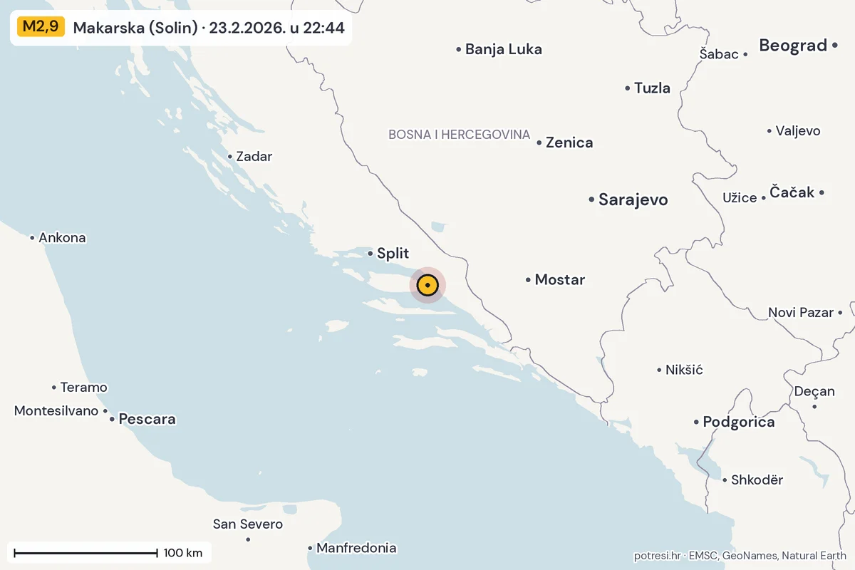 Karta: šire područje, 600 km, potres M2,9, Makarska (Solin), 23.2.2026.