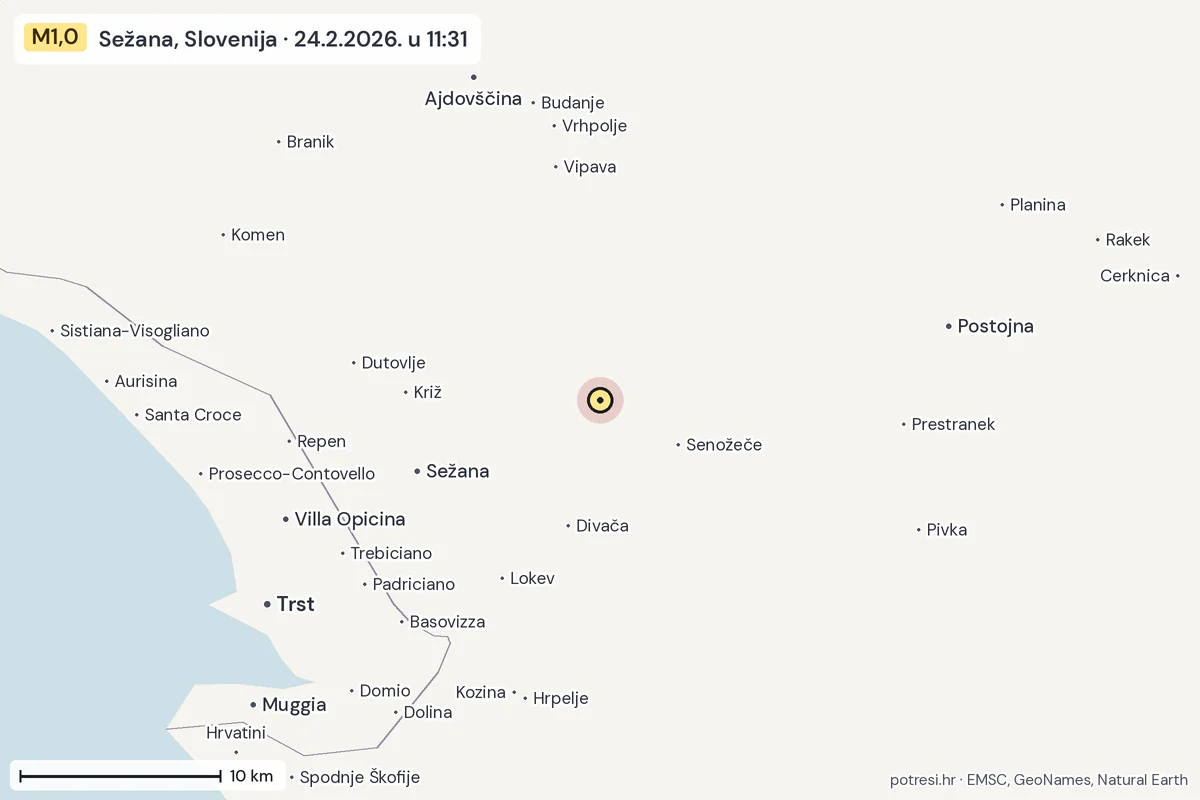 Karta: okolica epicentra, 60 km, potres M1,0, Sežana, Slovenija, 24.2.2026.