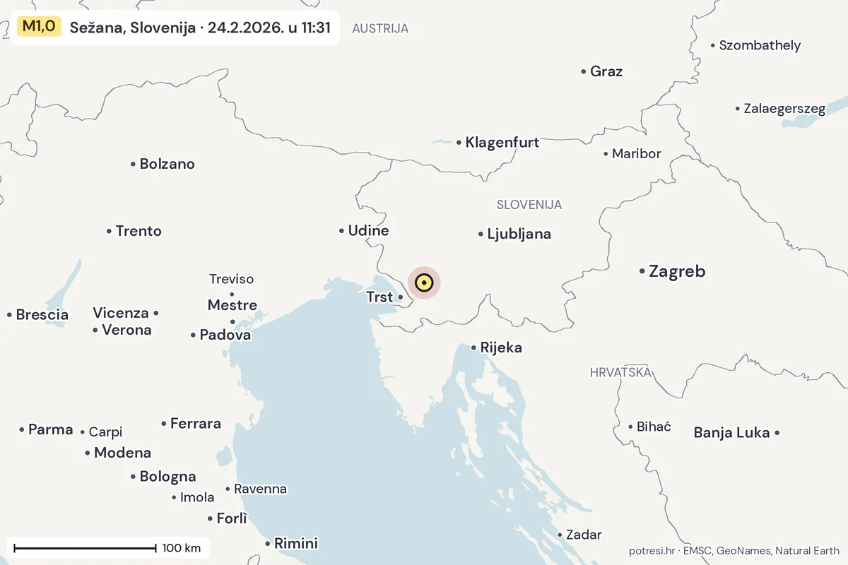 Karta: šire područje, 600 km, potres M1,0, Sežana, Slovenija, 24.2.2026.
