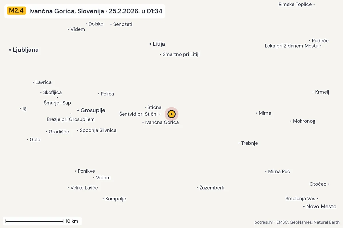 Karta: okolica epicentra, 60 km, potres M2,4, Ivančna Gorica, Slovenija, 25.2.2026.